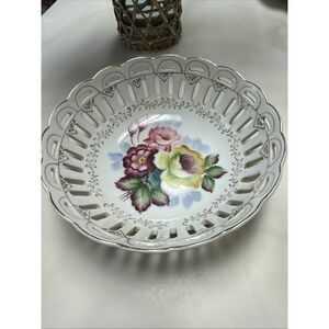 Antique Hand Painted Flowers 8‎ 1/4" Porcelain Open Work Rim Bowl, Japan
